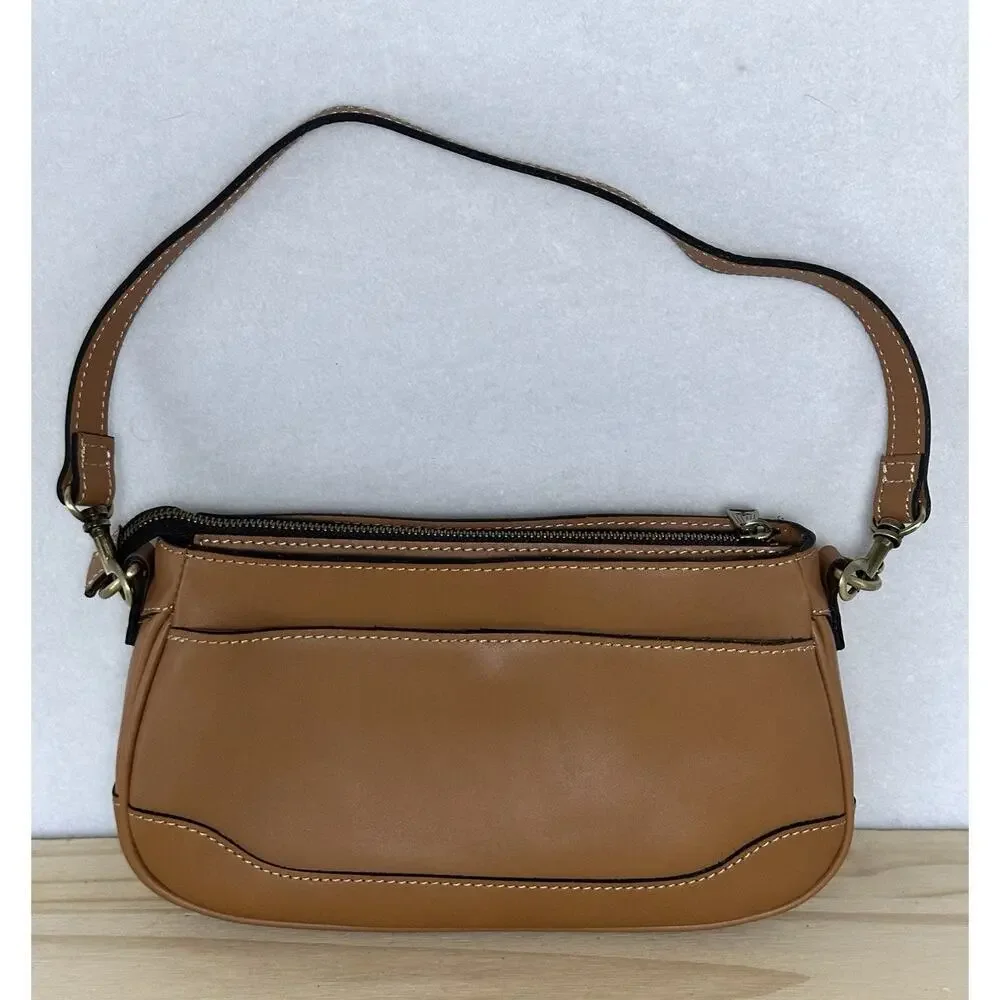 Patricia Nash Tan Leather Shoulder Bag Embossed Logo Contrast Stitching